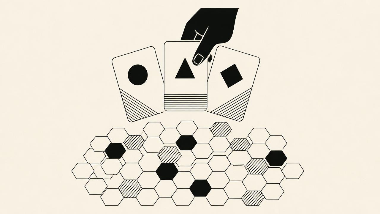 A hand of development cards above a hexagonal board